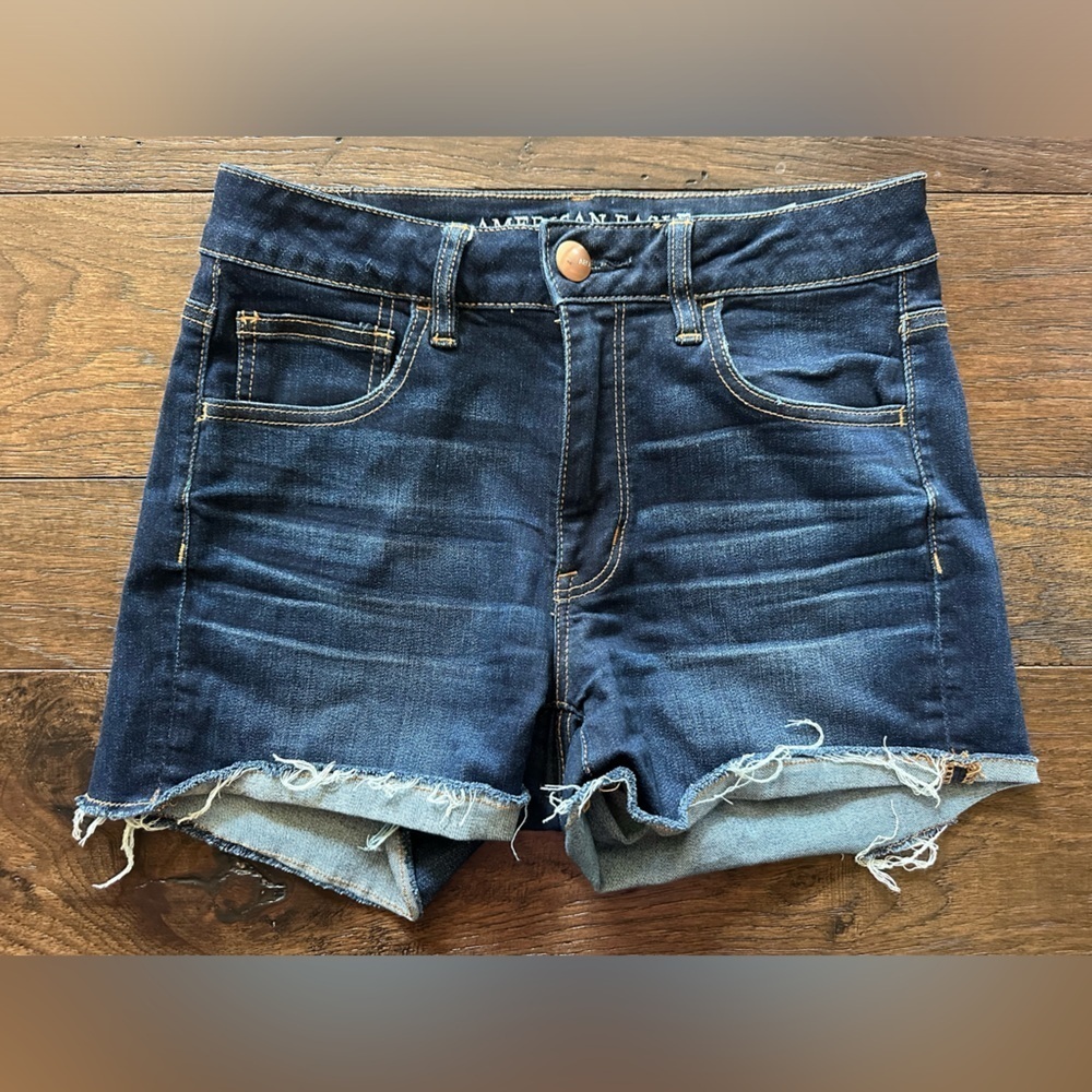 American Eagle Women's Blue High- Rise Shortie Denim Shorts- size 8
